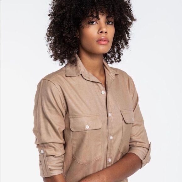 Emily Phillips 6 Shirtdress Tan Top Dress Small Button Down Up Long Sleeve Mini - Picture 6 of 12